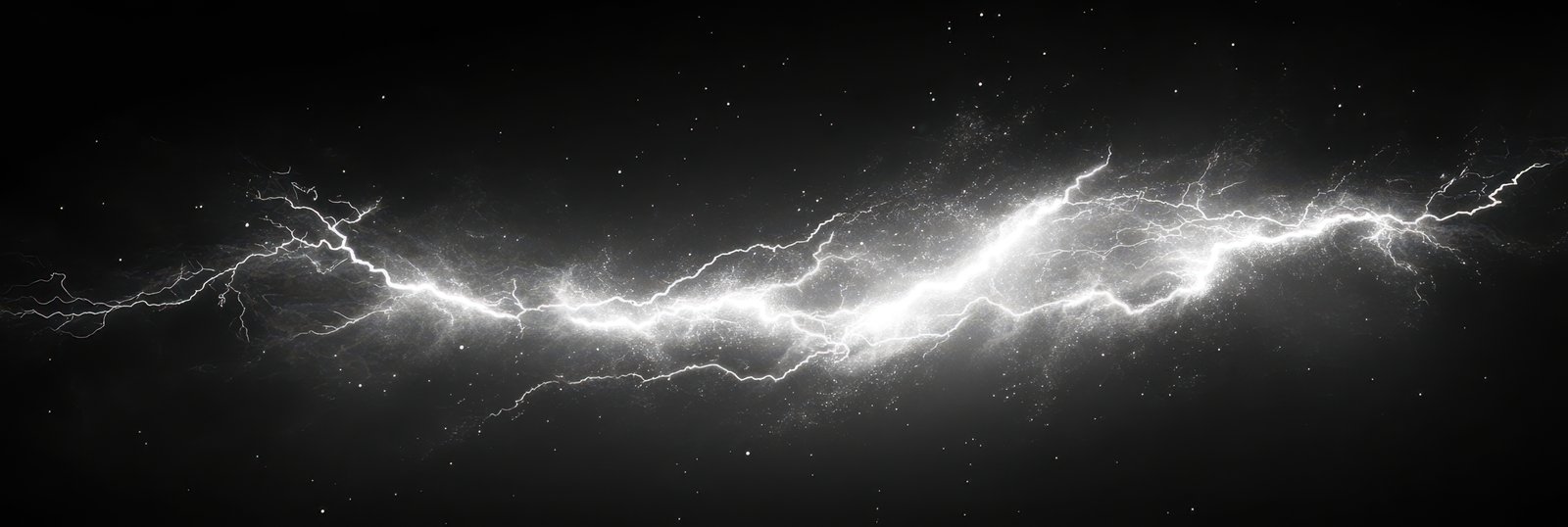A white lightning bolt streaks across a dark sky